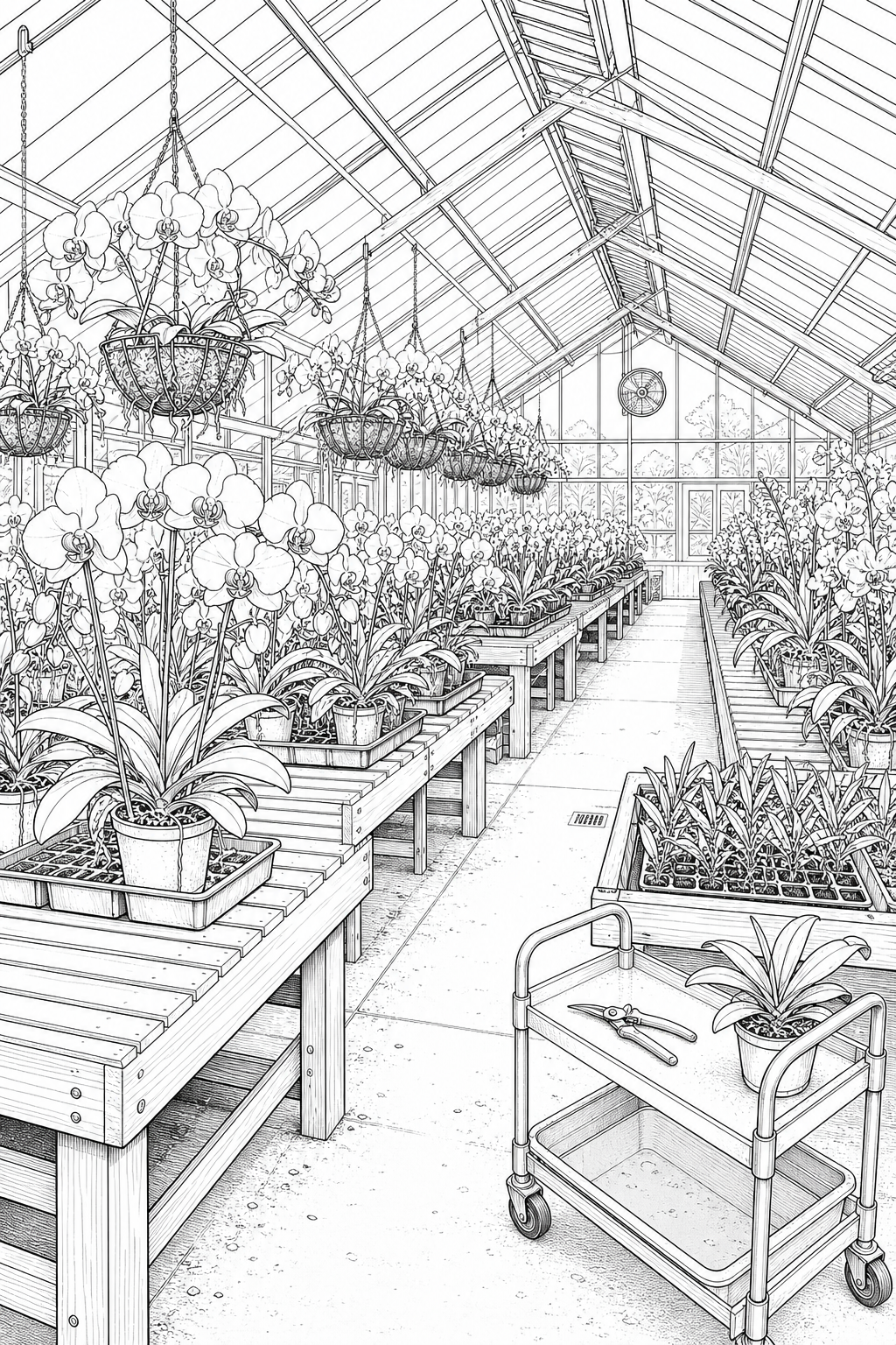 Orchid Greenhouse Study with Bench Rows and Roof Vents — Technical Line Drawing
