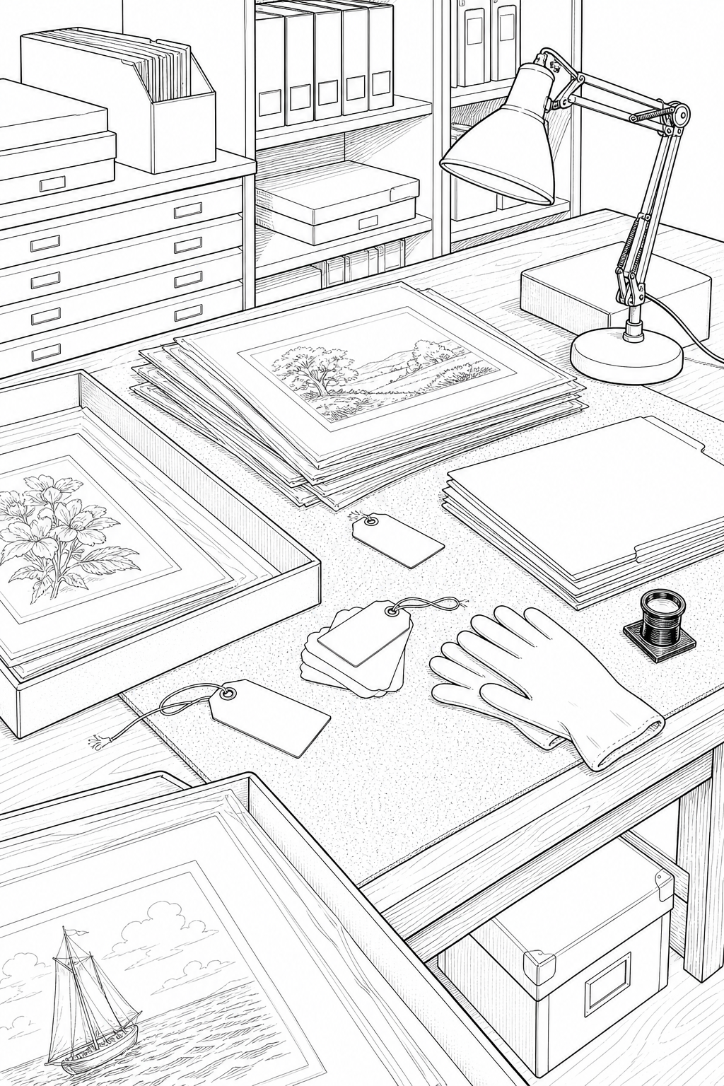 Print Archive Sorting Table — Technical Line Drawing Study for Coloring