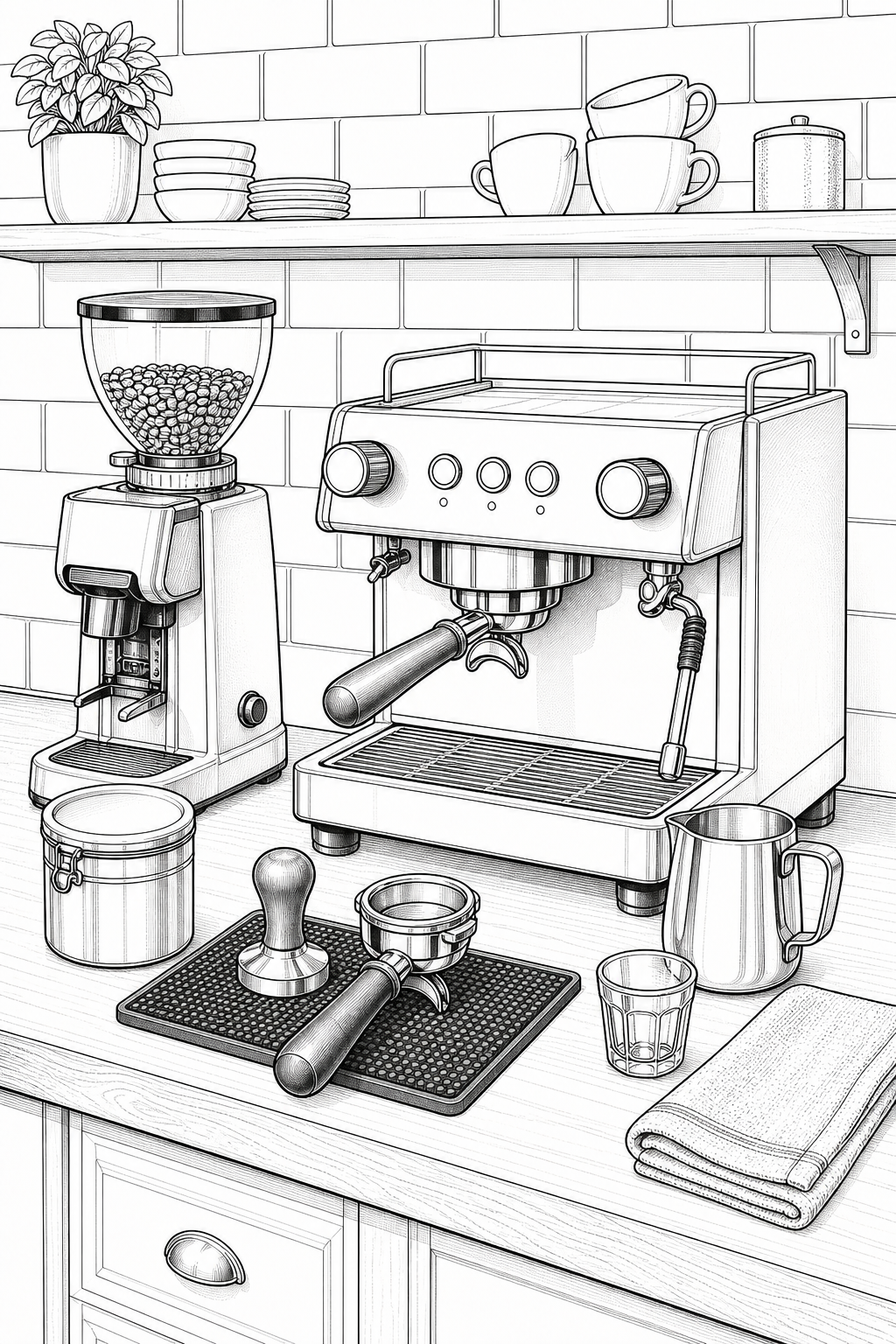 Prosumer Espresso Prep Bench — Technical Line Drawing Study
