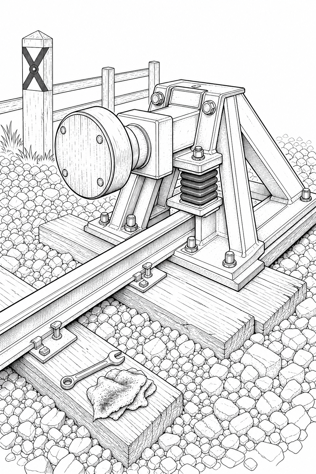 Technical Line Drawing of a Railway Buffer Stop on Ballast Bed