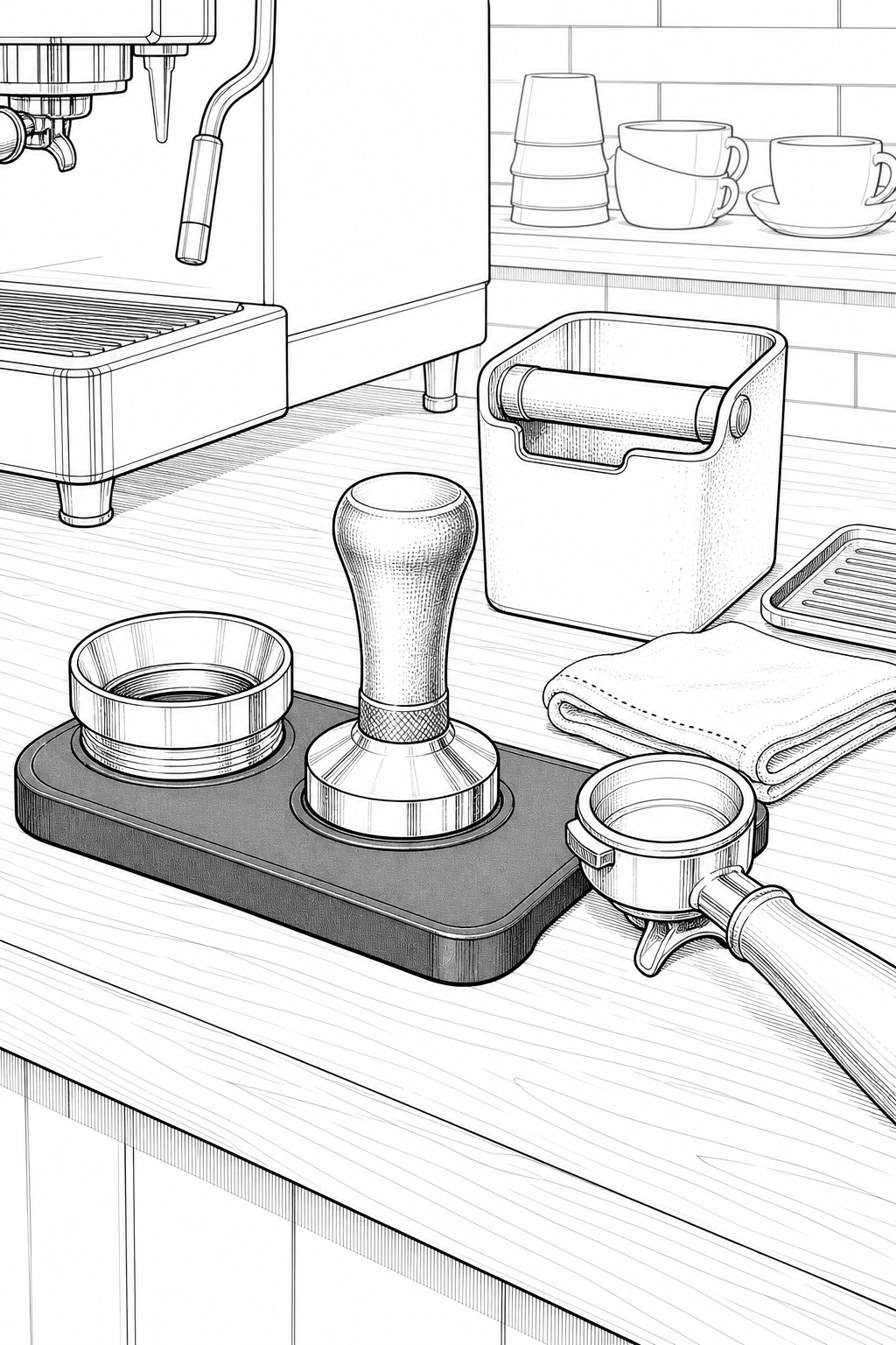 Ritual Barista Tamping Station Study — Tamper, Knock Box & Dosing Funnel Illustration