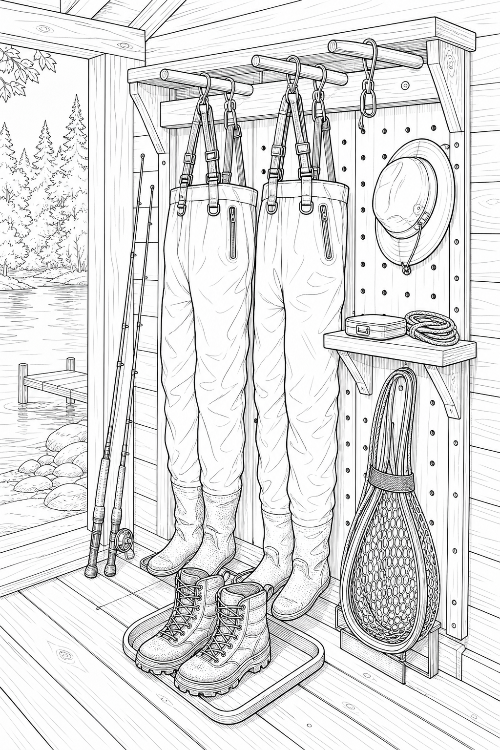 River Camp Gear Rack with Waders and Drying Rods – Technical Line Drawing Coloring Page