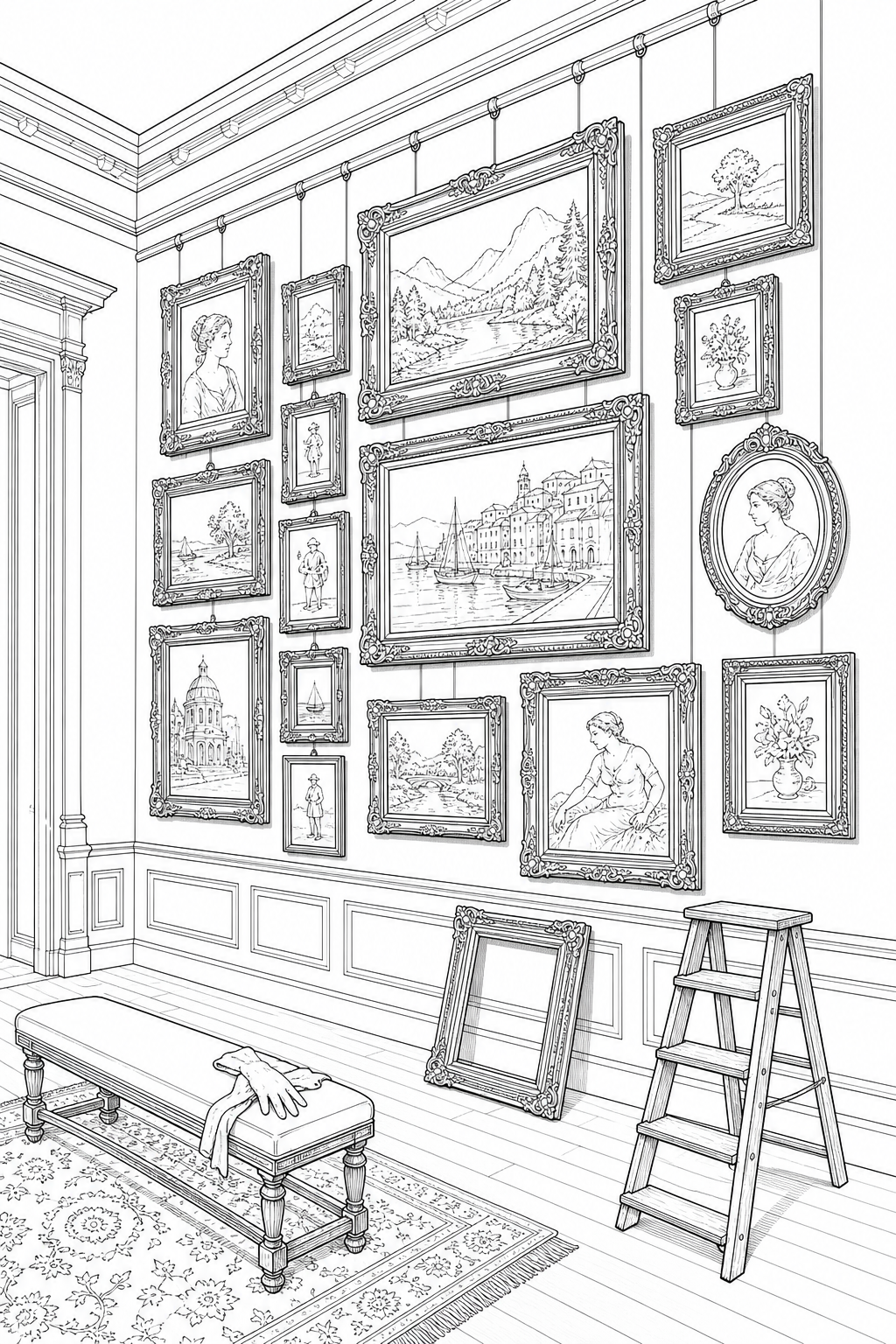 Salon-Style Gallery Room with Gilded Frames and Picture Rail — Line Art Study
