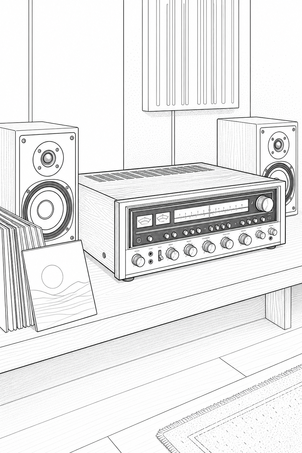 Sansui 8080DB Receiver Shelf — Technical Line Art Study for Coloring