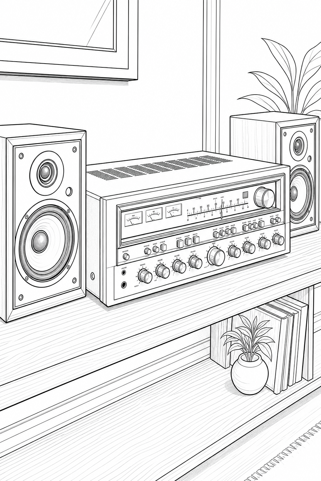 Sansui 9090 receiver study on walnut shelf with speakers — technical line drawing coloring page