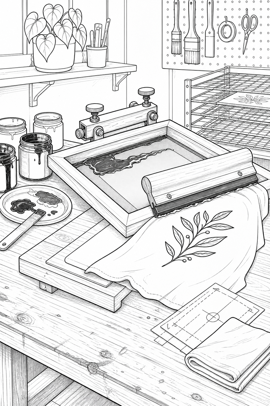 Screen Printing Bench Technical Line Drawing Coloring Page
