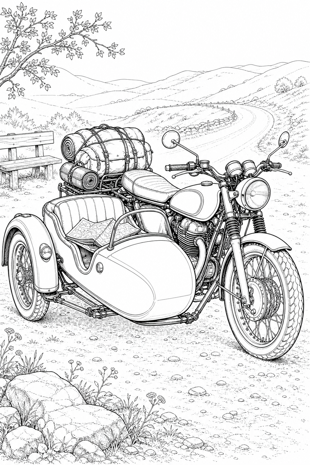 Sidecar Touring Outfit — Technical Line Drawing Study for Coloring