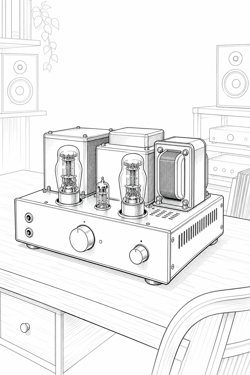 Single-Ended Triode Tube Amplifier Desk with Bookshelf Speakers — Technical Line Drawing Coloring Page