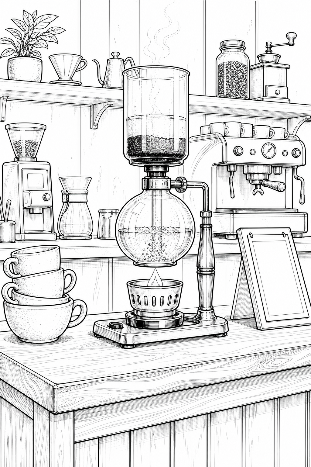 Siphon Coffee Bar Illustrated Study — Technical Line Drawing Coloring Page