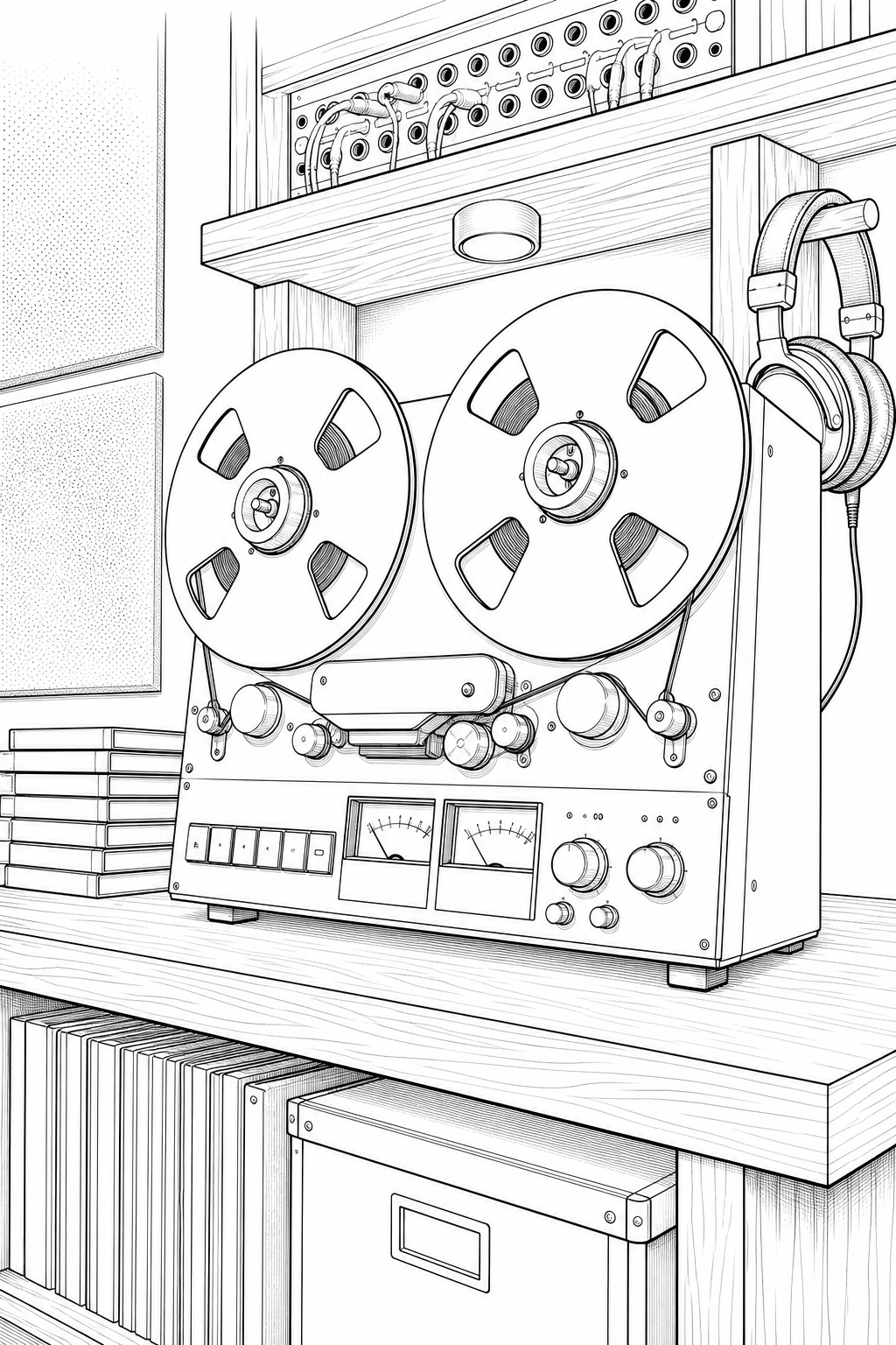 Studer A80 Reel-to-Reel Tape Deck on Studio Shelf — Technical Line Drawing Coloring Page