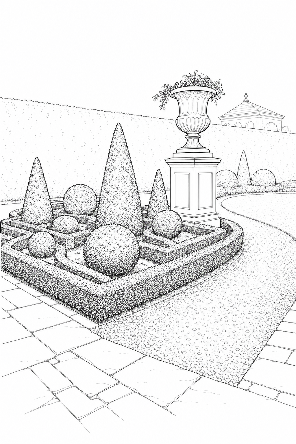 Topiary Parterre Corner — Formal Garden Study Illustration