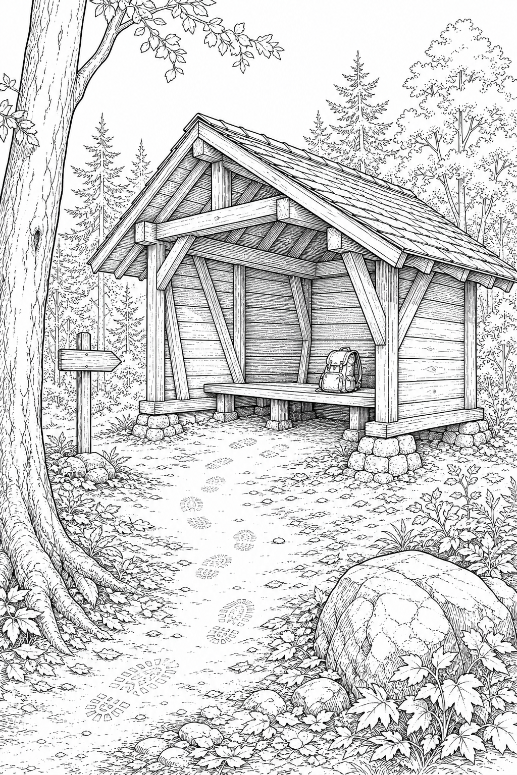Trailside Lean-To Shelter Study — Technical Line Drawing Coloring Page