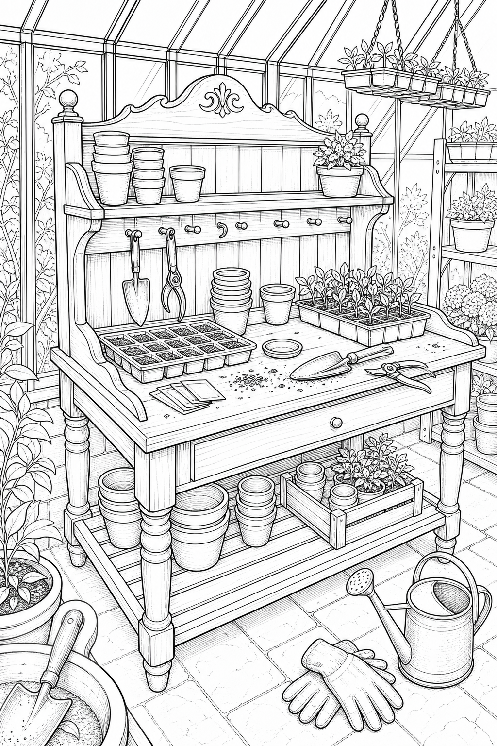 Victorian Potting Bench Study — Greenhouse Potting Bench Coloring Page