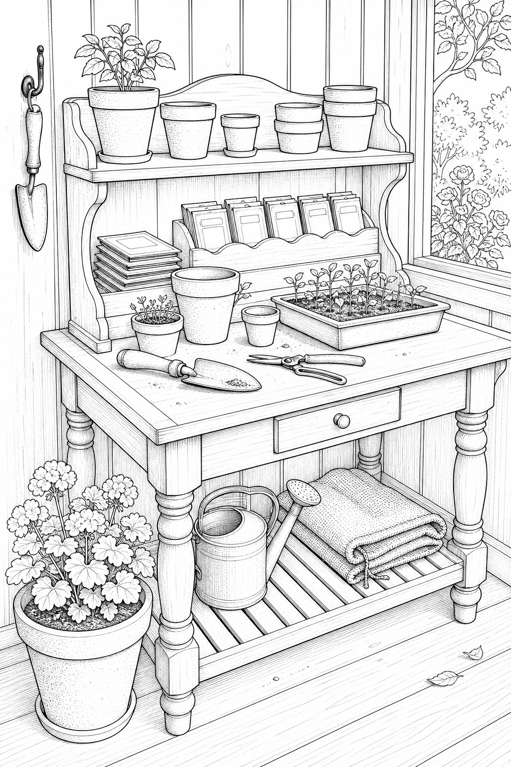 Victorian Potting Bench Illustration — Potting Tools and Seed Packets Study