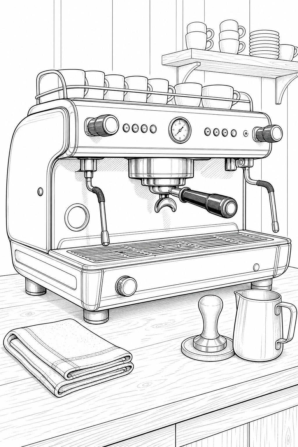 Vintage Faema E61 Espresso Station — Technical Line Study Coloring Page