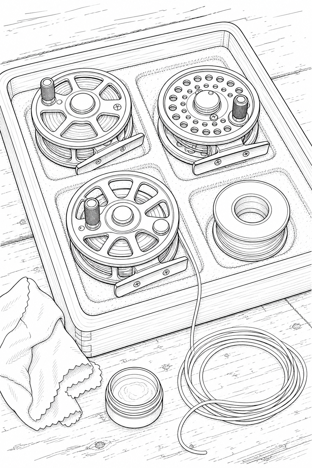 Vintage Fly Reel Display Tray — Technical Line Drawing Study