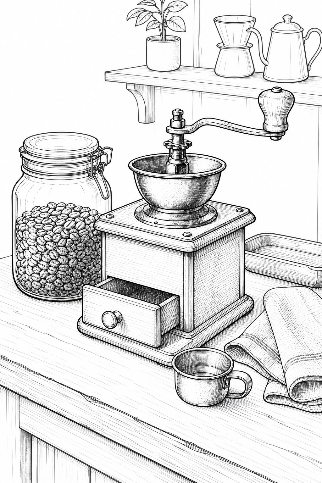 Vintage Hand Coffee Grinder Station — Technical Line Art Coloring Illustration