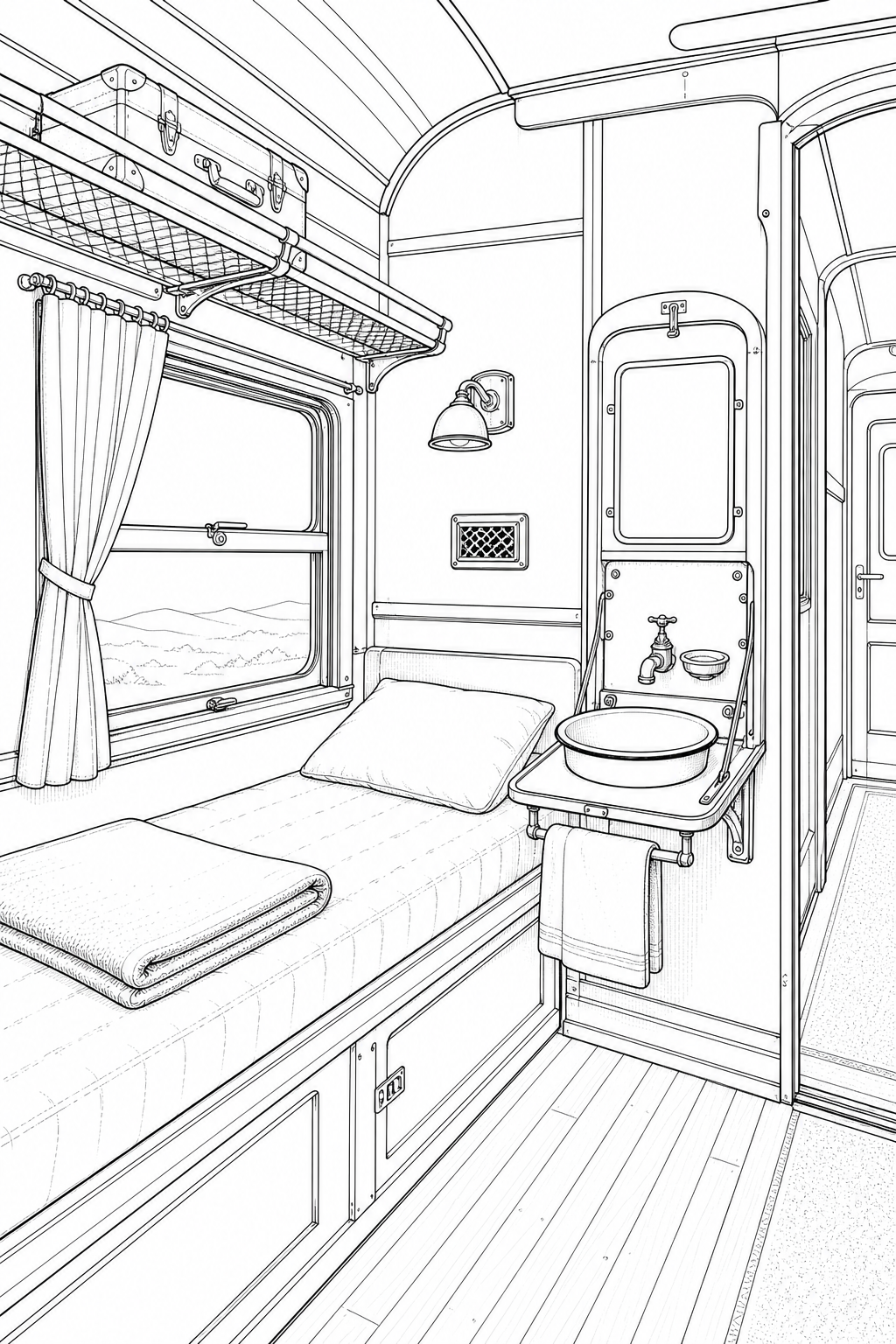 Vintage Railway Sleeper Compartment Study – Berth Window and Fold-down Washstand