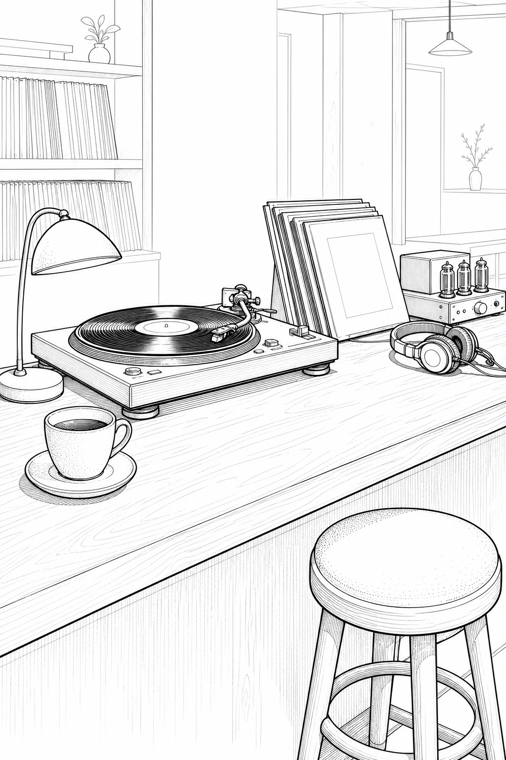 Vinyl Bar Counter Study with Turntable and Album Sleeves — Technical Line Art Coloring Page