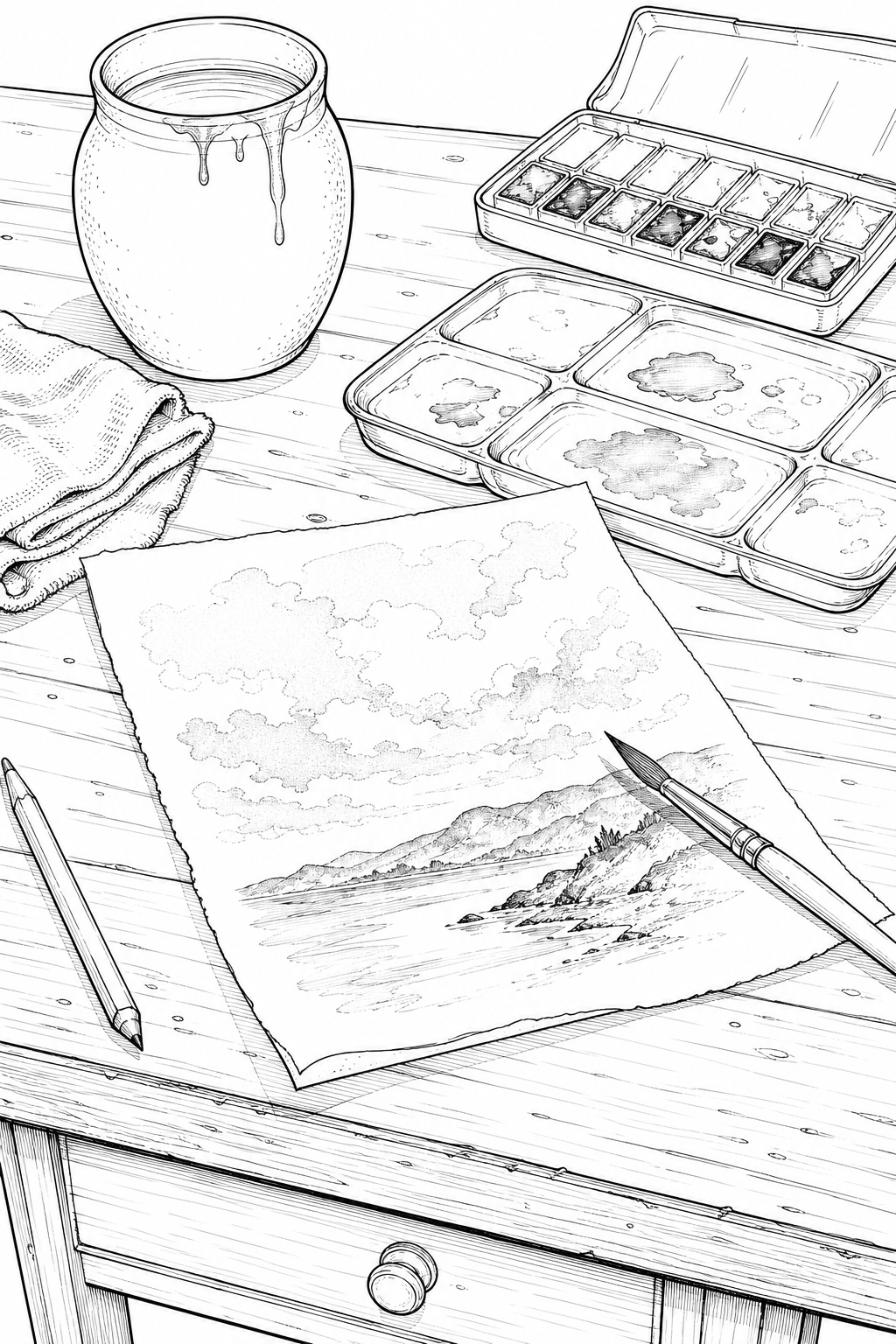 Watercolor wash desk study with glass palette and porcelain water jar