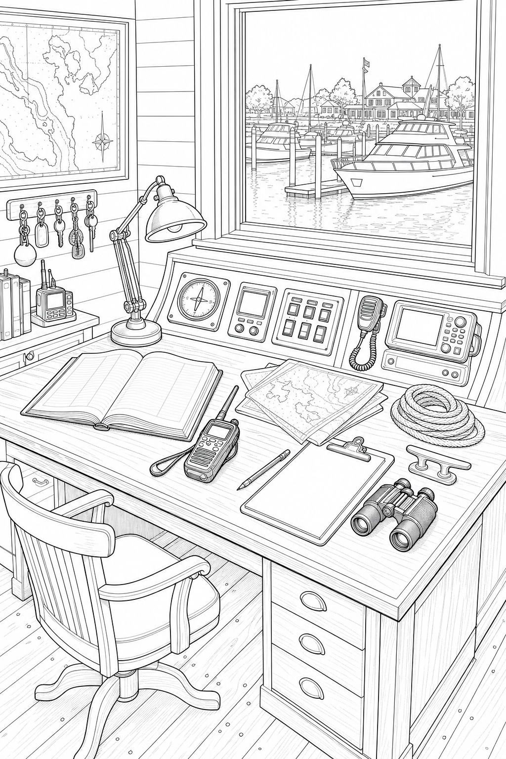 Yacht Dockmaster Station Illustrated Study — Marina Navigation Desk Coloring Page