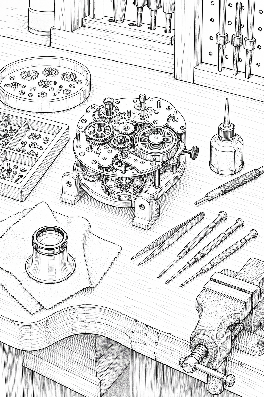 Antique Clock Restoration Bench — Technical Line Drawing Coloring Page