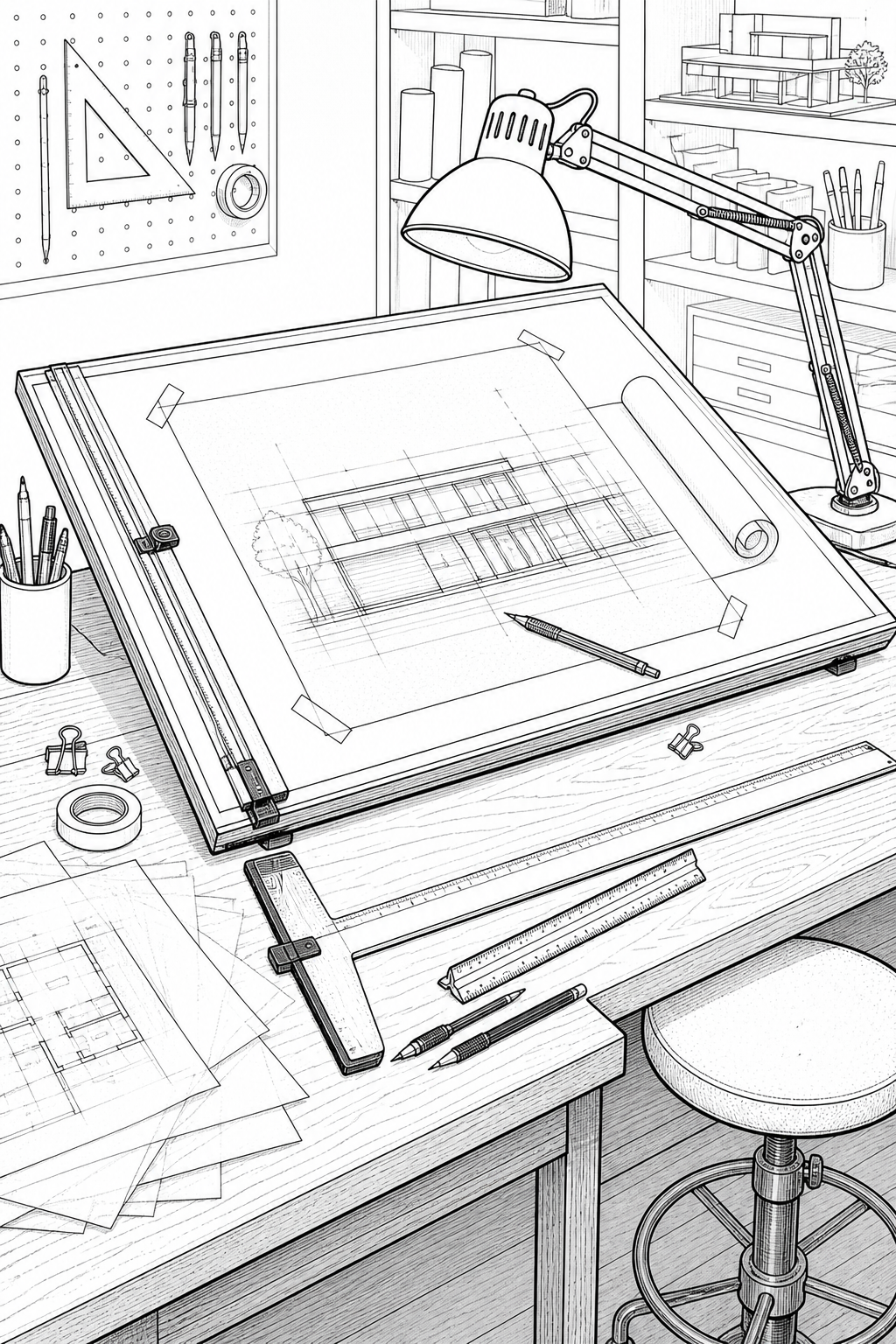 Architect’s Light Table Study — Tracing Paper and Adjustable Lamp Technical Line Art