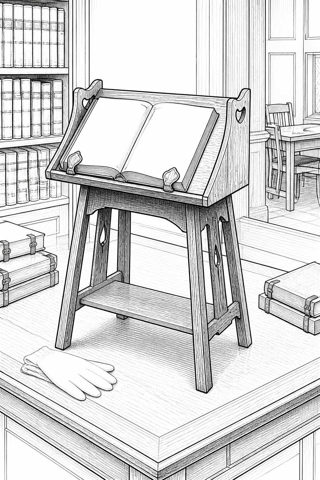 Arts and Crafts Oak Manuscript Display Table Coloring Study