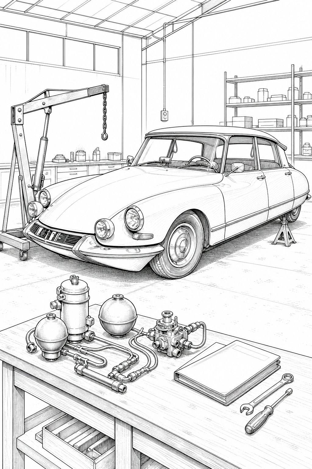 Citroën DS Restoration Garage Technical Coloring Study