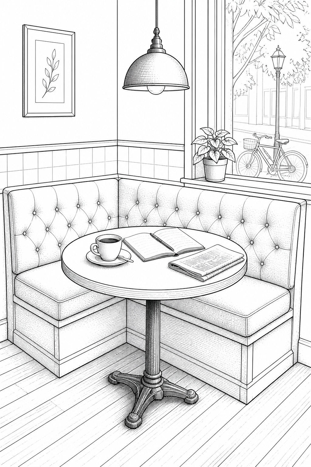 Corner Cafe Booth Technical Line Study — Coffee Shop Interior Illustration