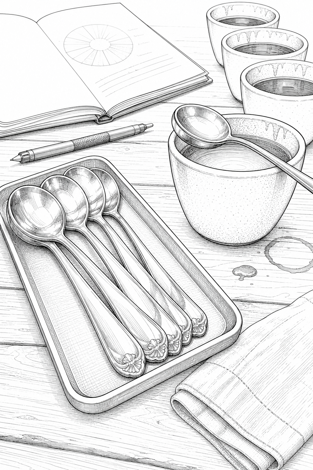 Cupping Spoon Set Study on Coffee Tasting Table — Technical Line Art
