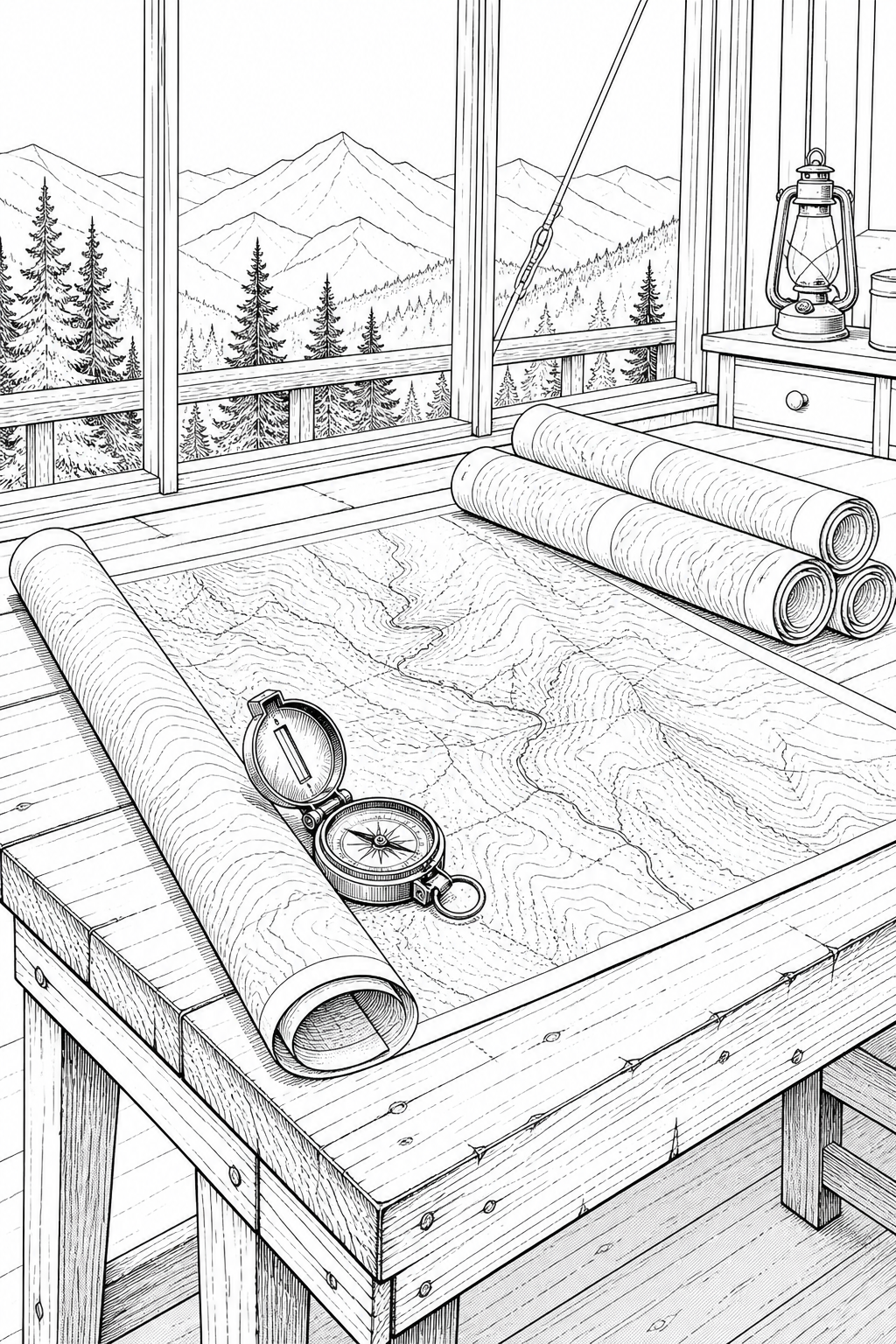 Fire Lookout Map Table — Rolled Topo Maps and Brass Compass Illustration