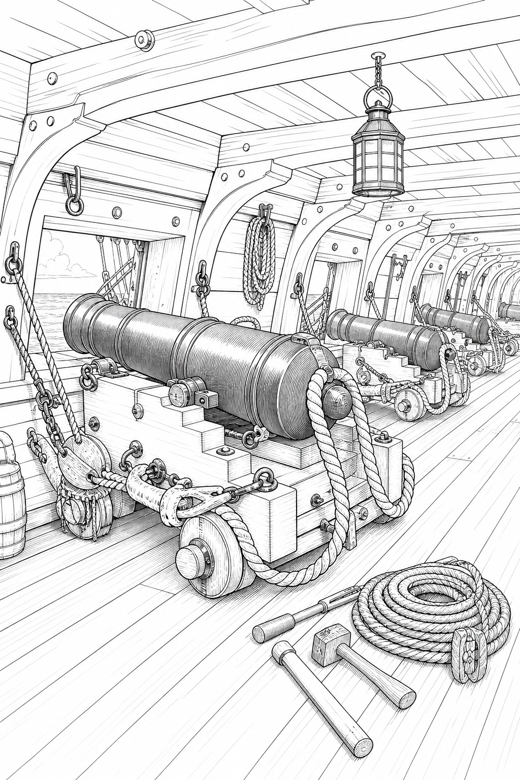 HMS Victory Gun Deck Technical Line Drawing Coloring Study