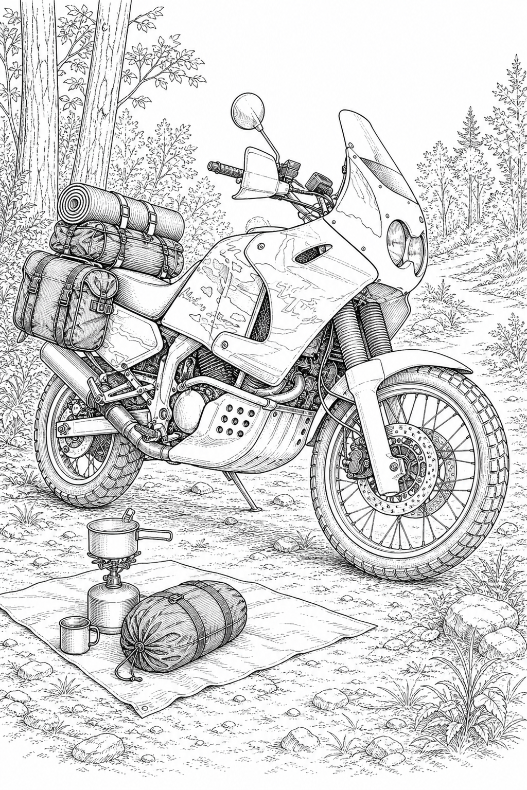 Honda Africa Twin XRV750 Expedition Camp Coloring Study