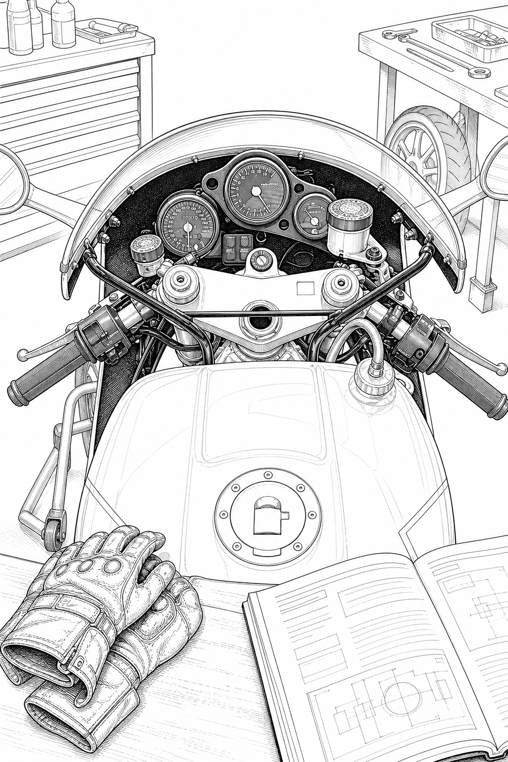 Honda RC30 Rider Cockpit Technical Line Drawing