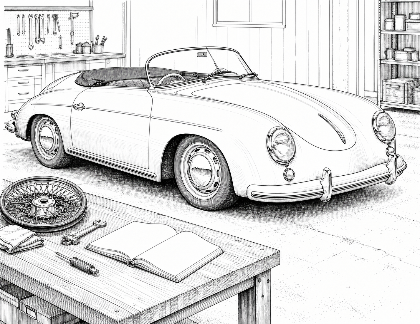 Porsche 356 Speedster Home Garage Workshop Illustration