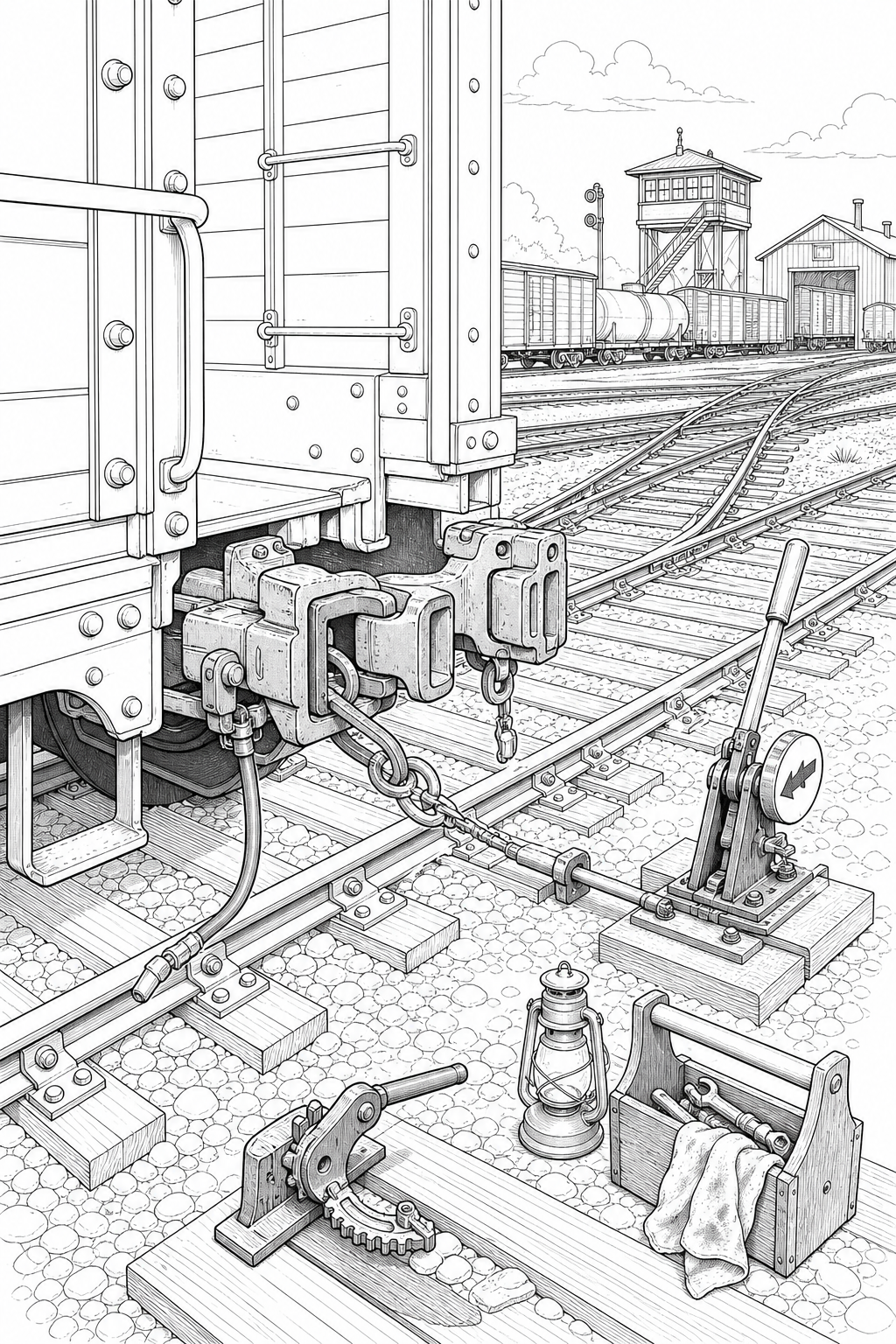 Rail Car Switching Yard Study — Technical Line Drawing Coloring Page