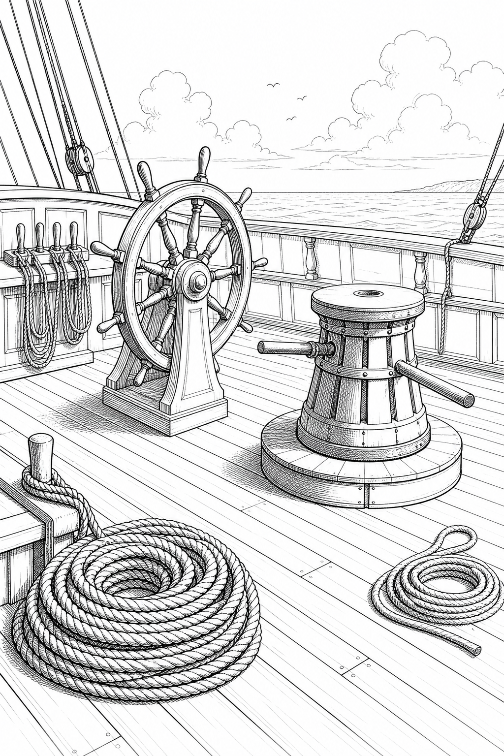 Tall Ship Quarterdeck Study with Helm and Capstan — Technical Line Drawing