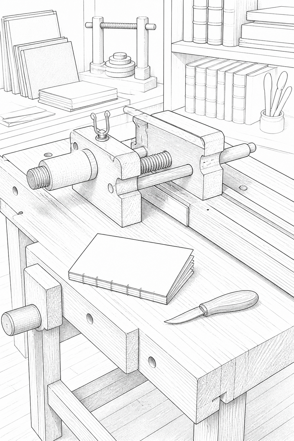 Traditional Bookbinder’s Plough Bench Illustration