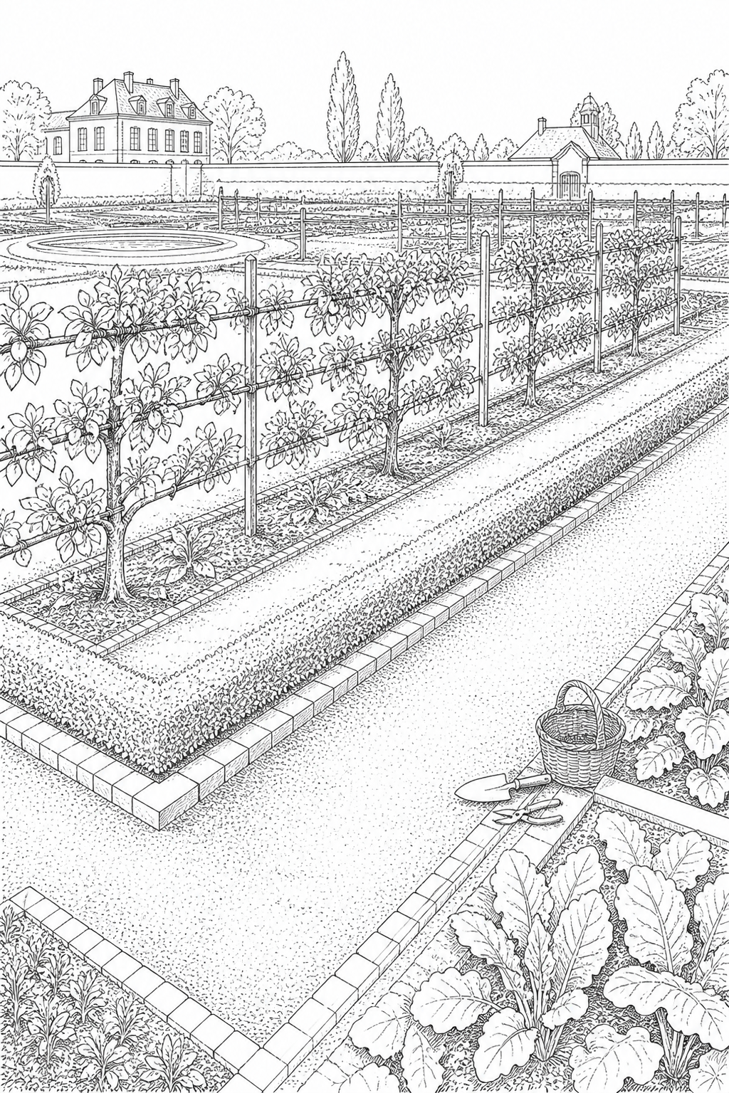 Versailles Potager du Roi Espalier Garden Bed Coloring Study