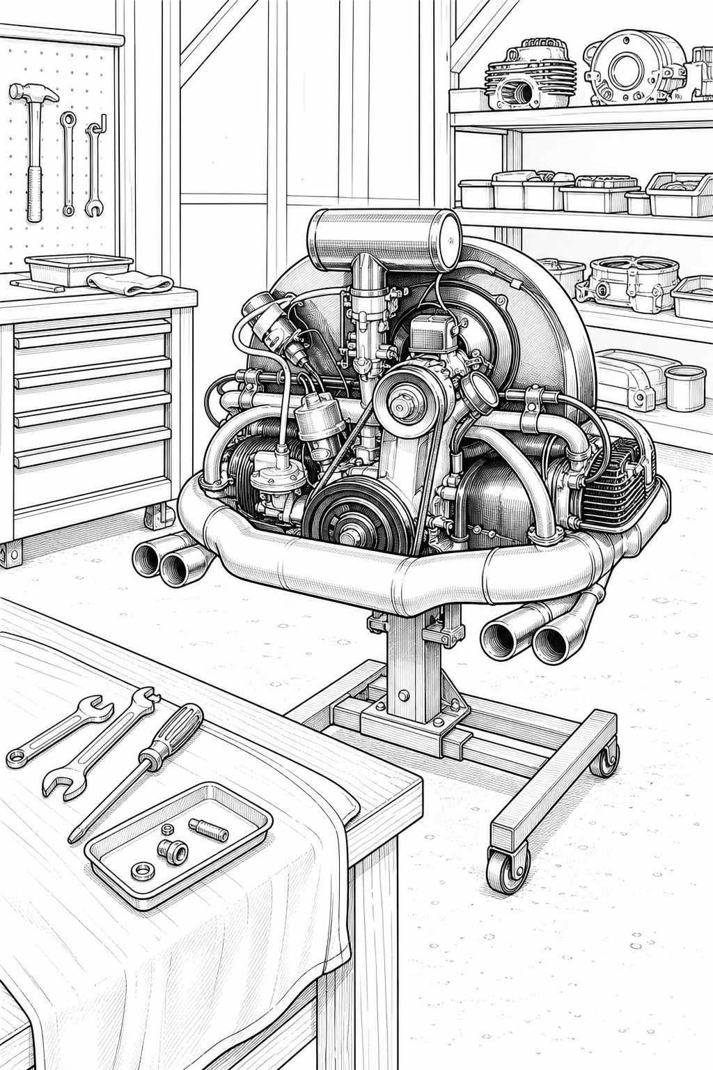 Volkswagen Beetle Engine Restoration Workshop Coloring Study