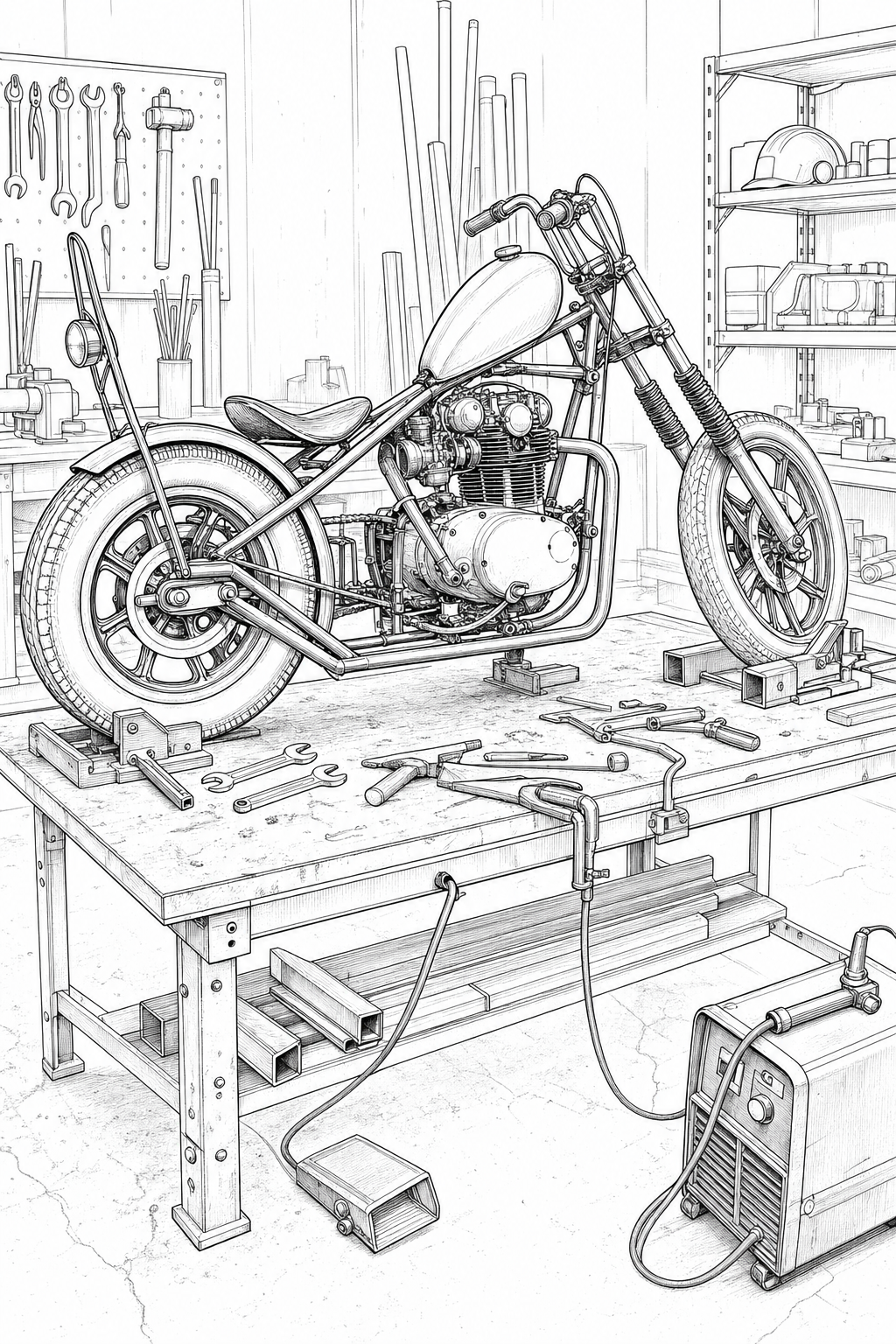 Yamaha XS650 Chopper Build Bench Technical Coloring Study