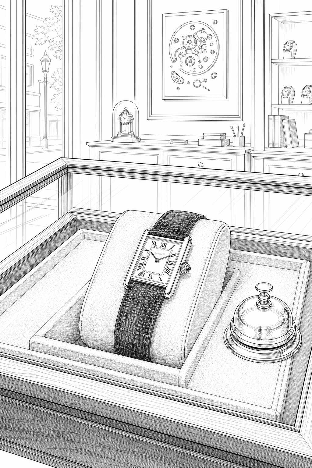 Cartier Tank Watch in a Vintage Horology Shop Vitrine