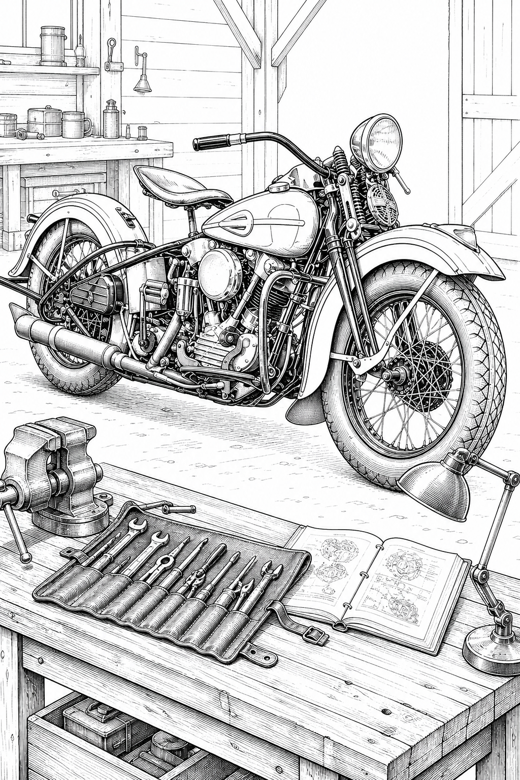 Harley-Davidson Knucklehead Restoration Garage Coloring Study