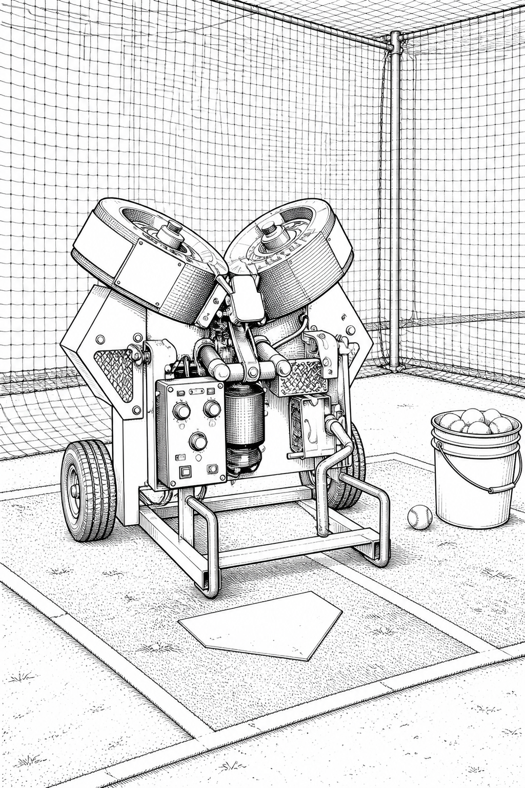 Iron Mike Pitching Machine in a Baseball Batting Cage Study