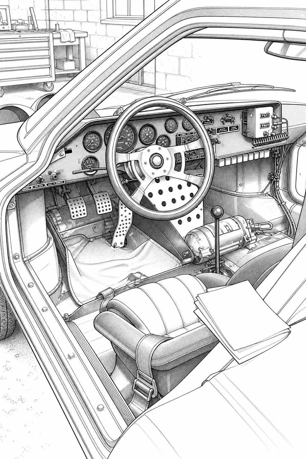 Lancia Stratos HF Rally Cockpit Technical Line Drawing