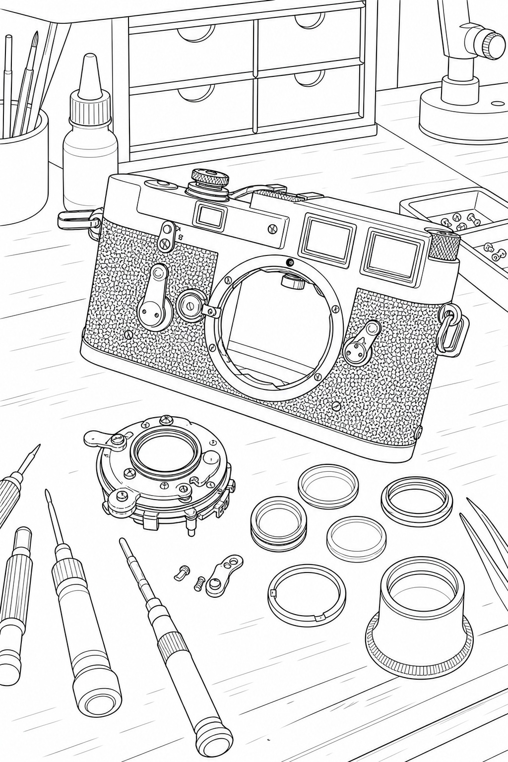 Leica M3 Camera Restoration Bench Coloring Study