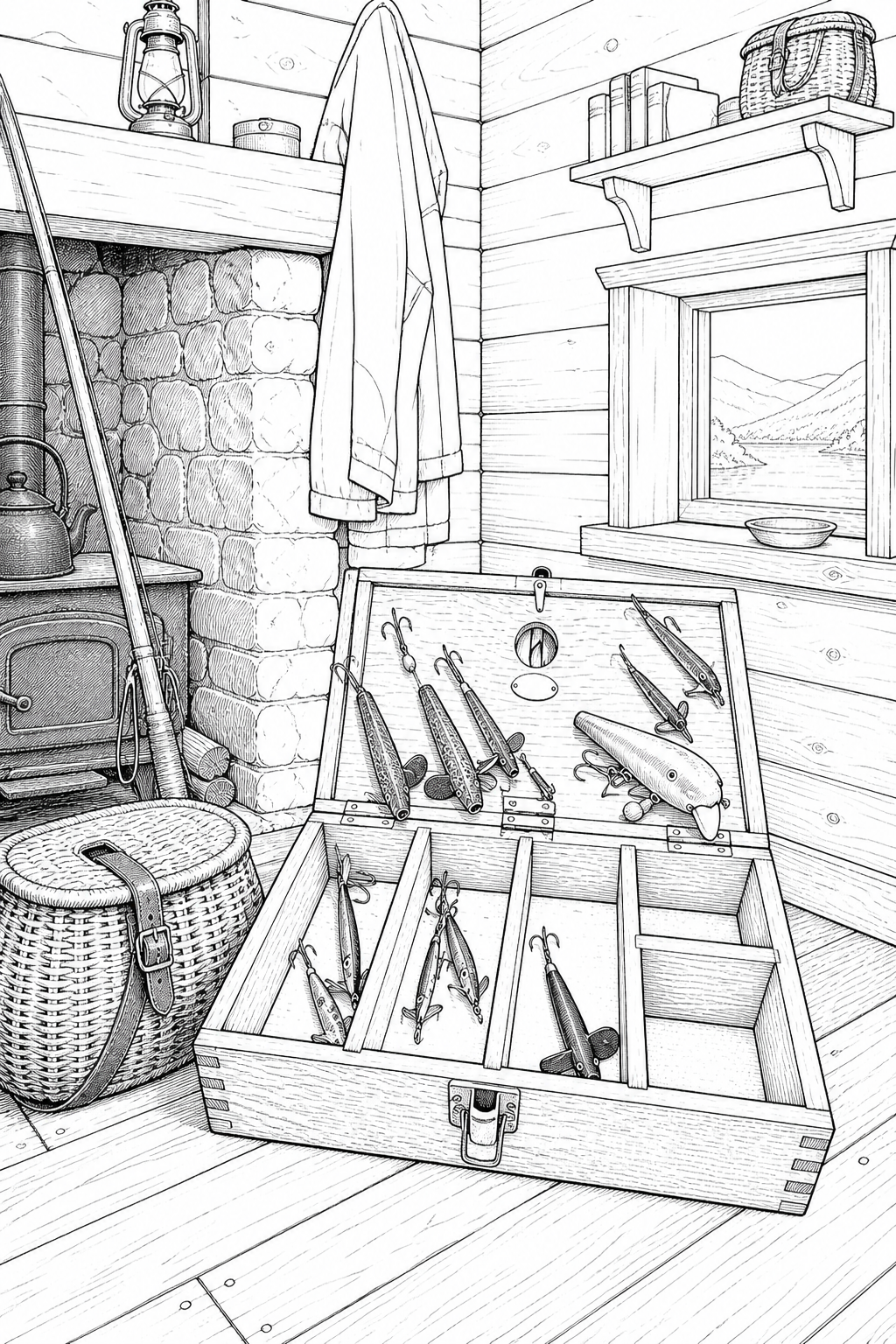 Scottish Salmon Fishing Bothy Interior Coloring Study