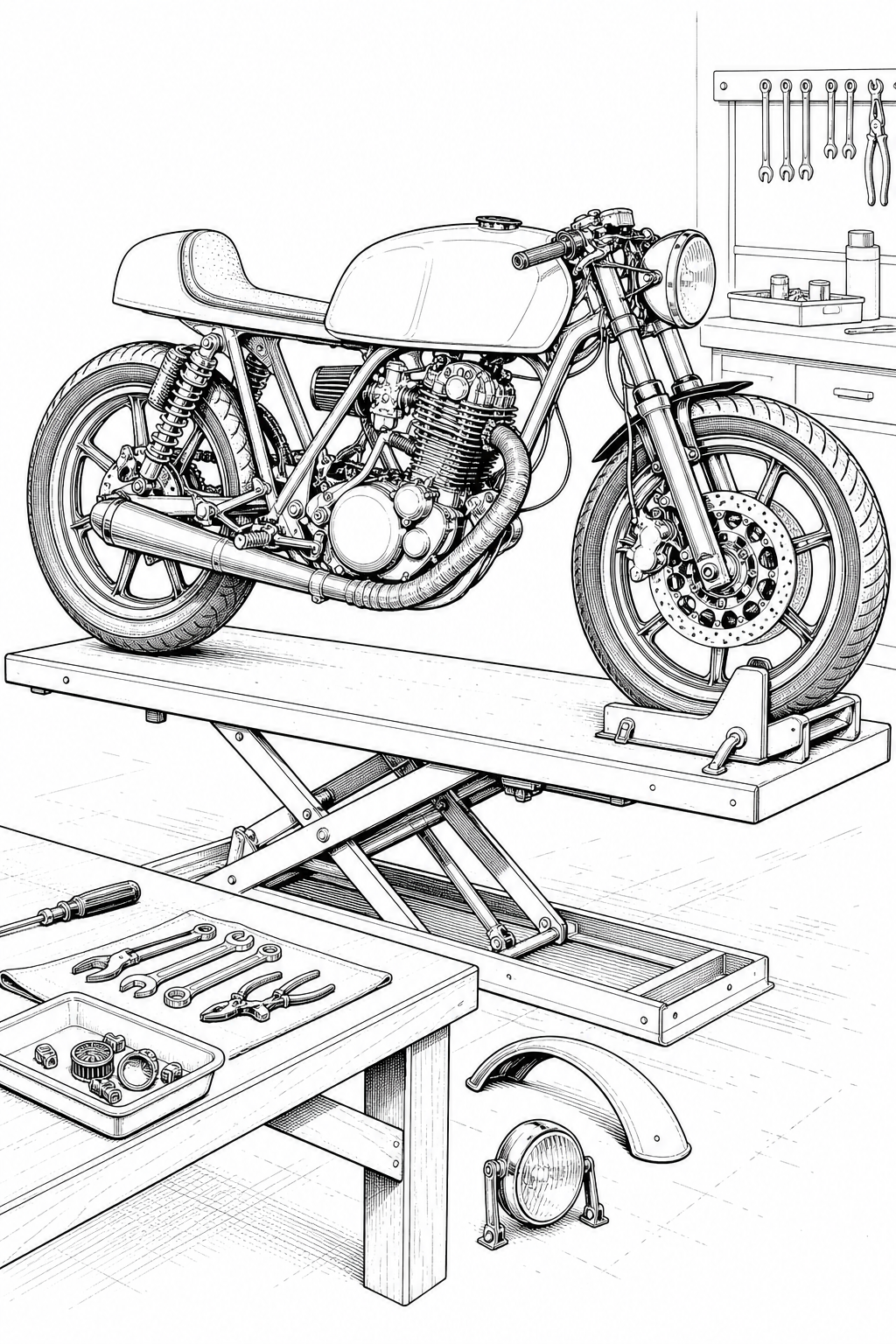 Yamaha SR500 Cafe Racer Build Technical Line Drawing